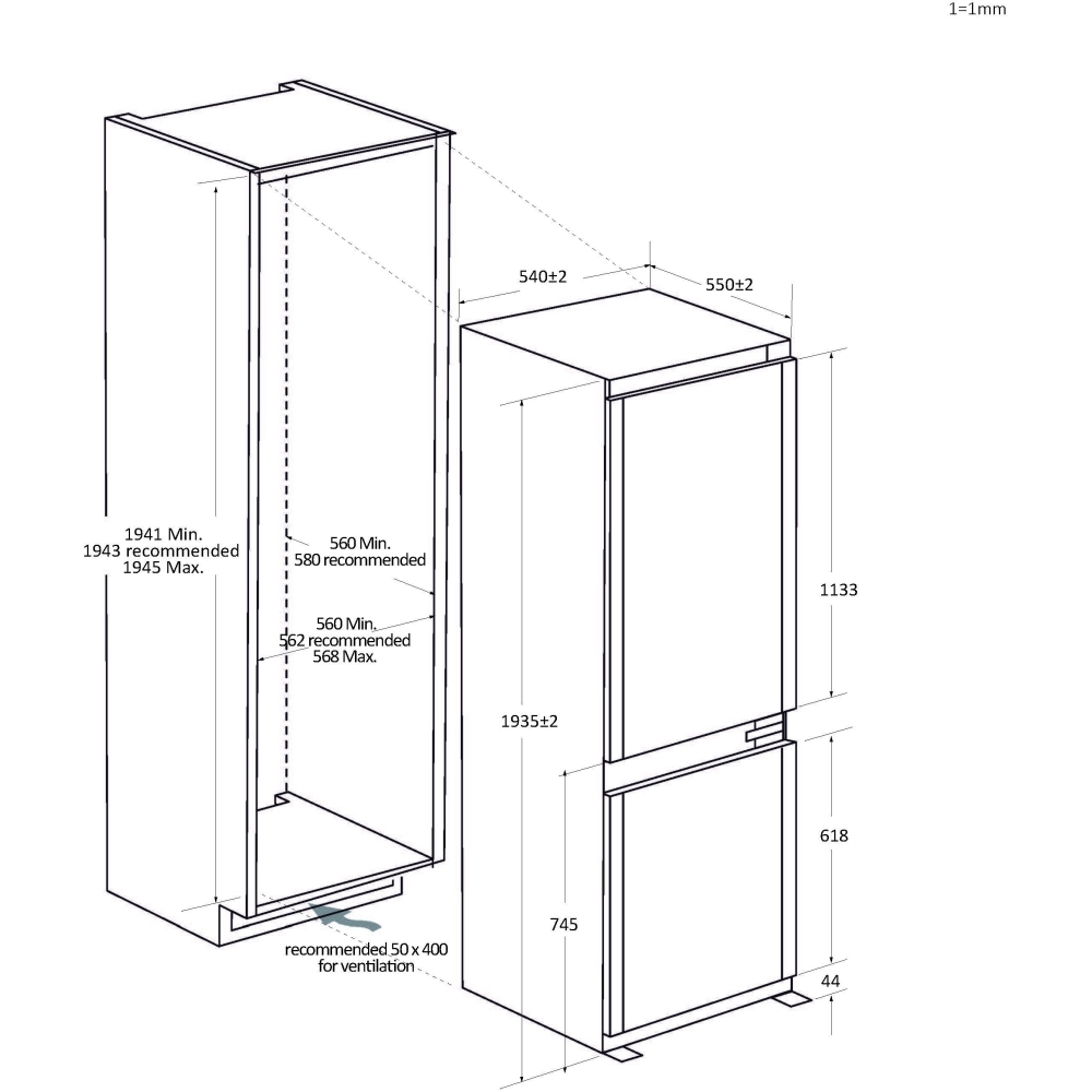 Hoover HONBQT3519EWK-UK Total No Frost Integrated Fridge Freezer, Sliding Hinge, 70/30, E Rated