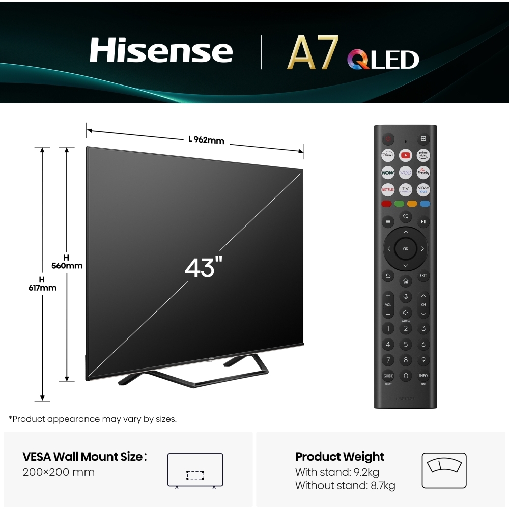 Hisense 43A7QTUK 43" QLED Smart Television, 4K Ultra HD, Black, F Rated