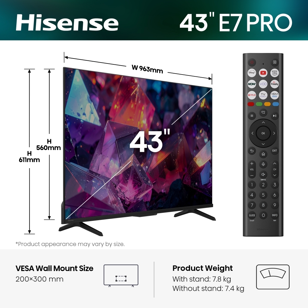 Hisense 43E7STUK PRO 43" QLED Smart Television, 4K Ultra HD, Black, F Rated