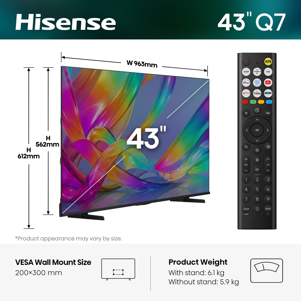 Hisense 43Q7STUK 43" QLED Smart Television, 4K Ultra HD, Black, E Rated