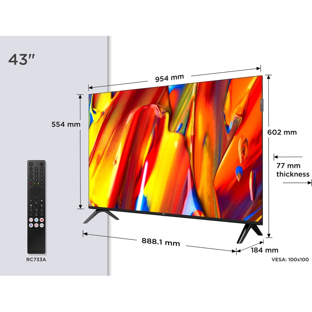 TCL 43V5C-UK 43" QLED Smart Television, Full HD, Black, F Rated