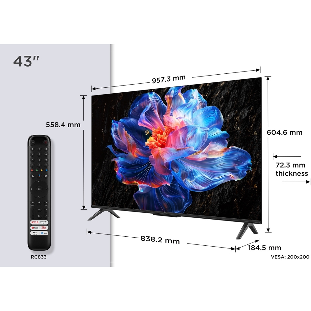 TCL 43V6C-UK 43" DLED Smart Television, 4K Ultra HD, Black, F Rated