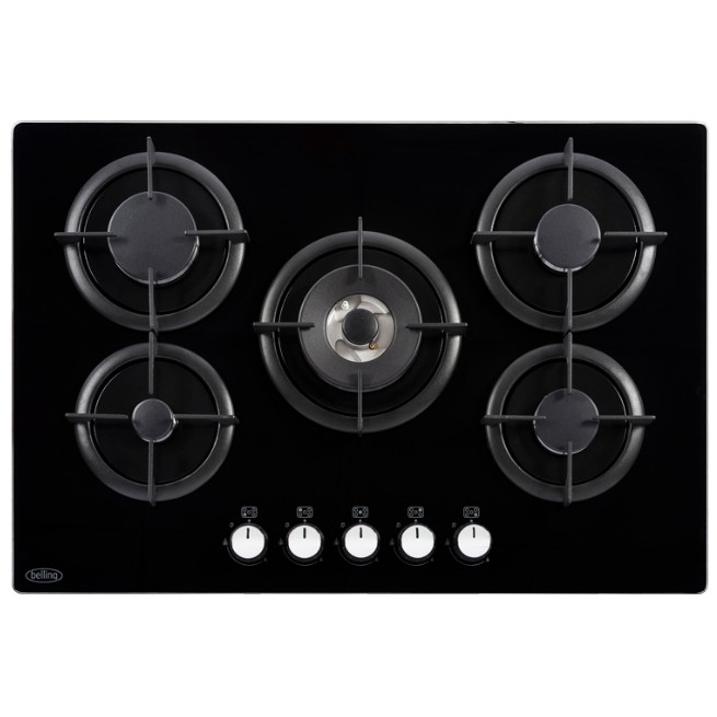 Buy Belling GTG75C Black 5 Burner Gas Hob (444410134) Black on Frameless Glass Marks Electrical