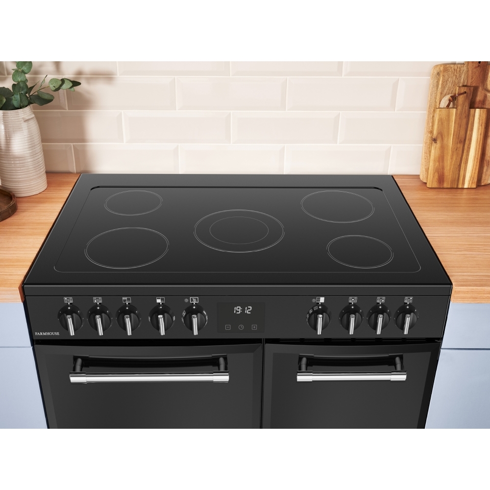 Belling RCA FARMHOUSE 90E BL 90cm Ceramic Range Cooker, Black, A Rated