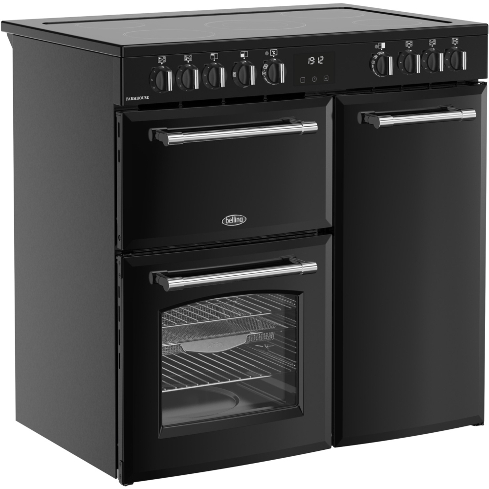 Belling RCA FARMHOUSE 90E BL 90cm Ceramic Range Cooker, Black, A Rated