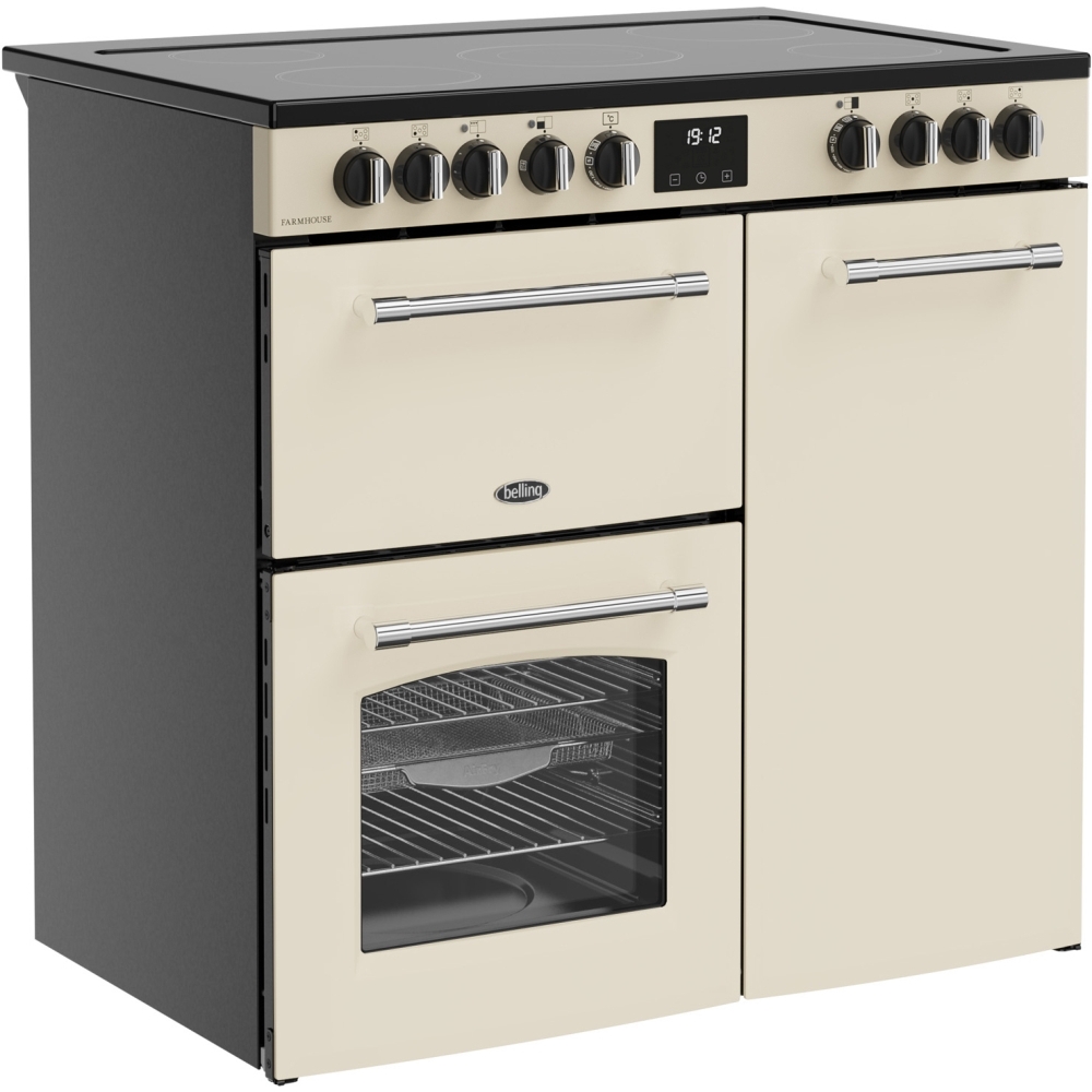 Belling Farmhouse 90E 90cm Ceramic Range Cooker, Cream, A Rated