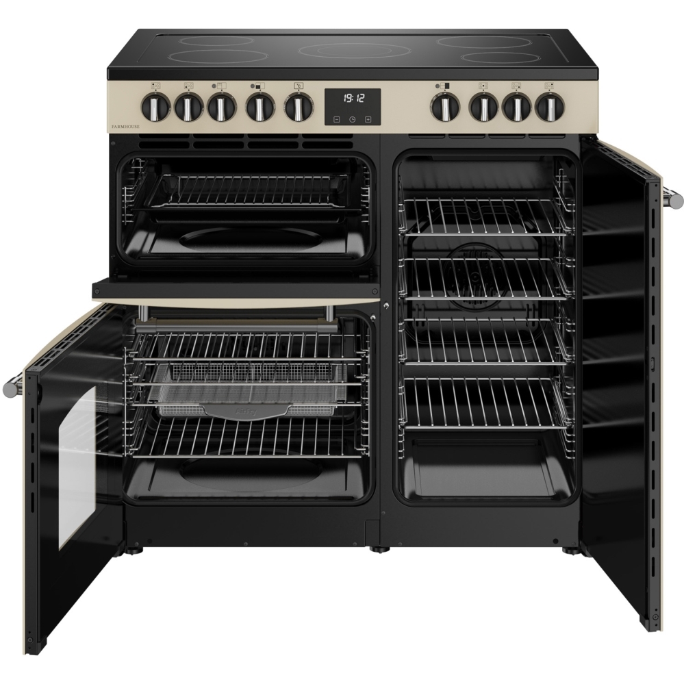 Belling Farmhouse 90E 90cm Ceramic Range Cooker, Cream, A Rated