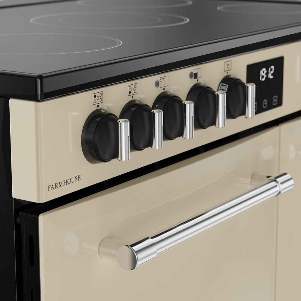 Belling Farmhouse 90E 90cm Ceramic Range Cooker, Cream, A Rated