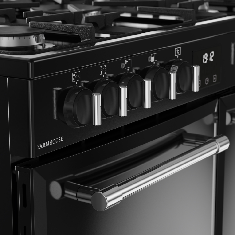 Belling Farmhouse 90DF 90cm Dual Fuel Range Cooker, Black, A Rated