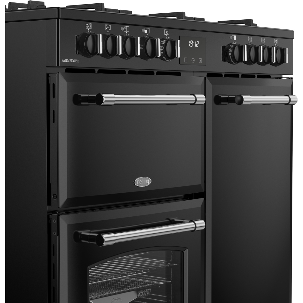 Belling Farmhouse 90DF 90cm Dual Fuel Range Cooker, Black, A Rated