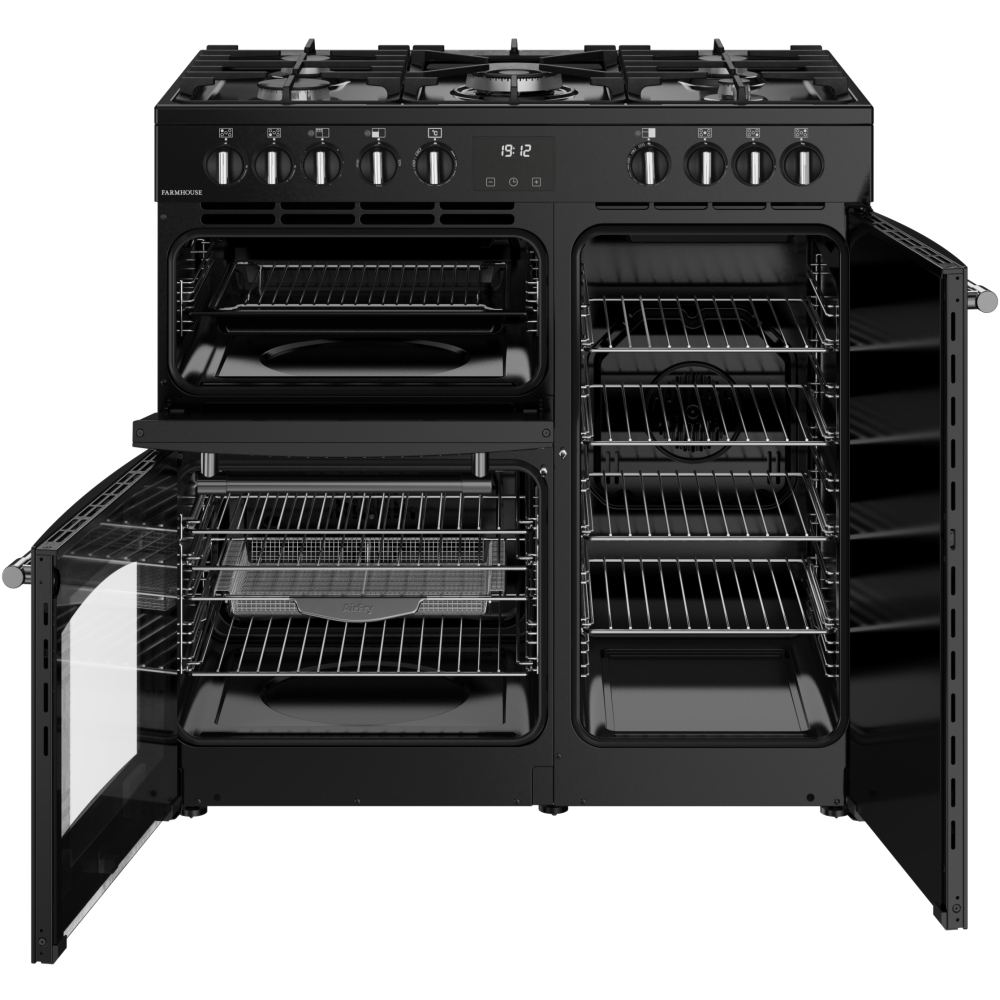 Belling Farmhouse 90DF 90cm Dual Fuel Range Cooker, Black, A Rated