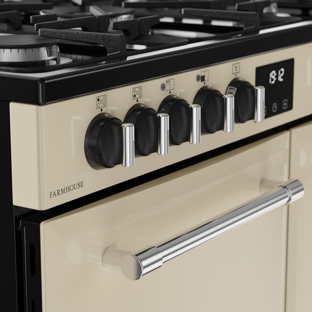 Belling Farmhouse 90DF 90cm Dual Fuel Range Cooker, Cream, A Rated