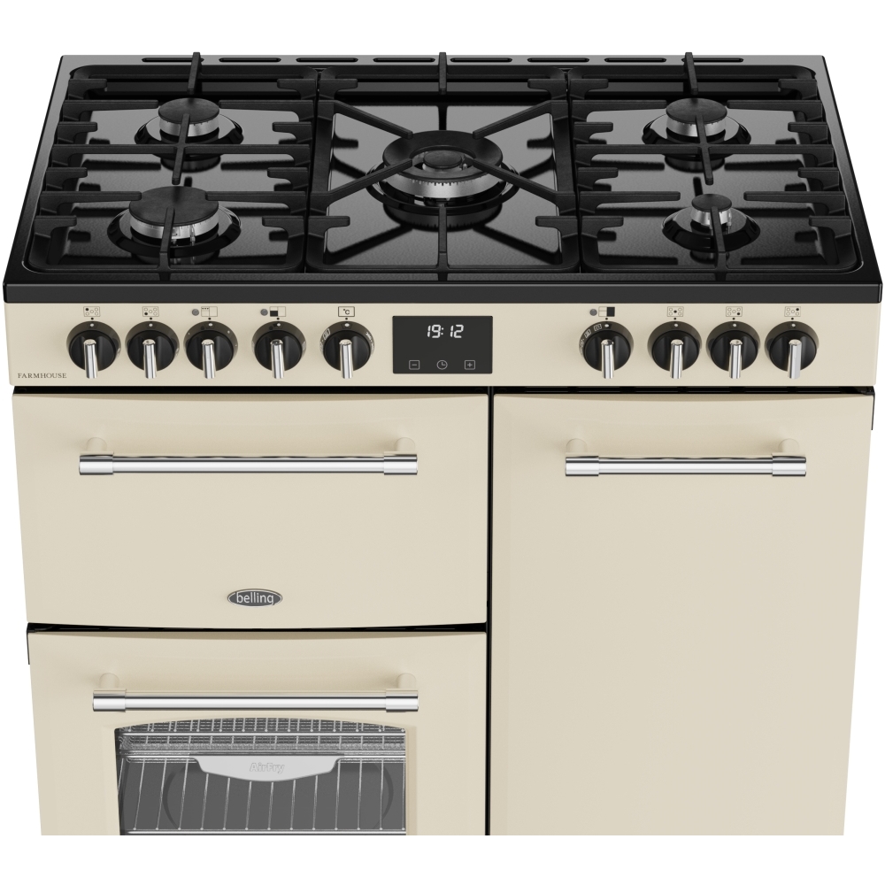 Belling Farmhouse 90DF 90cm Dual Fuel Range Cooker, Cream, A Rated