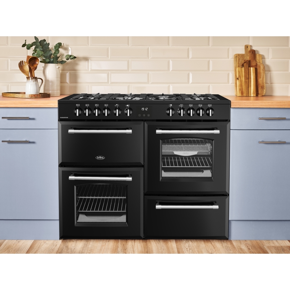 Belling Farmhouse 100DF 100cm Dual Fuel Range Cooker, Black, A Rated