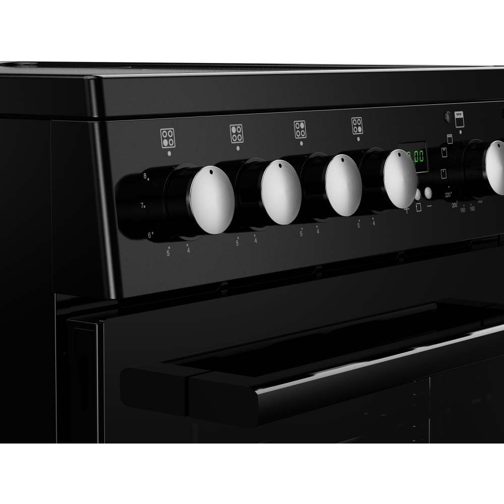 New World FDO 50E BLK Ceramic Electric Cooker with Double Oven, Black, A Rated