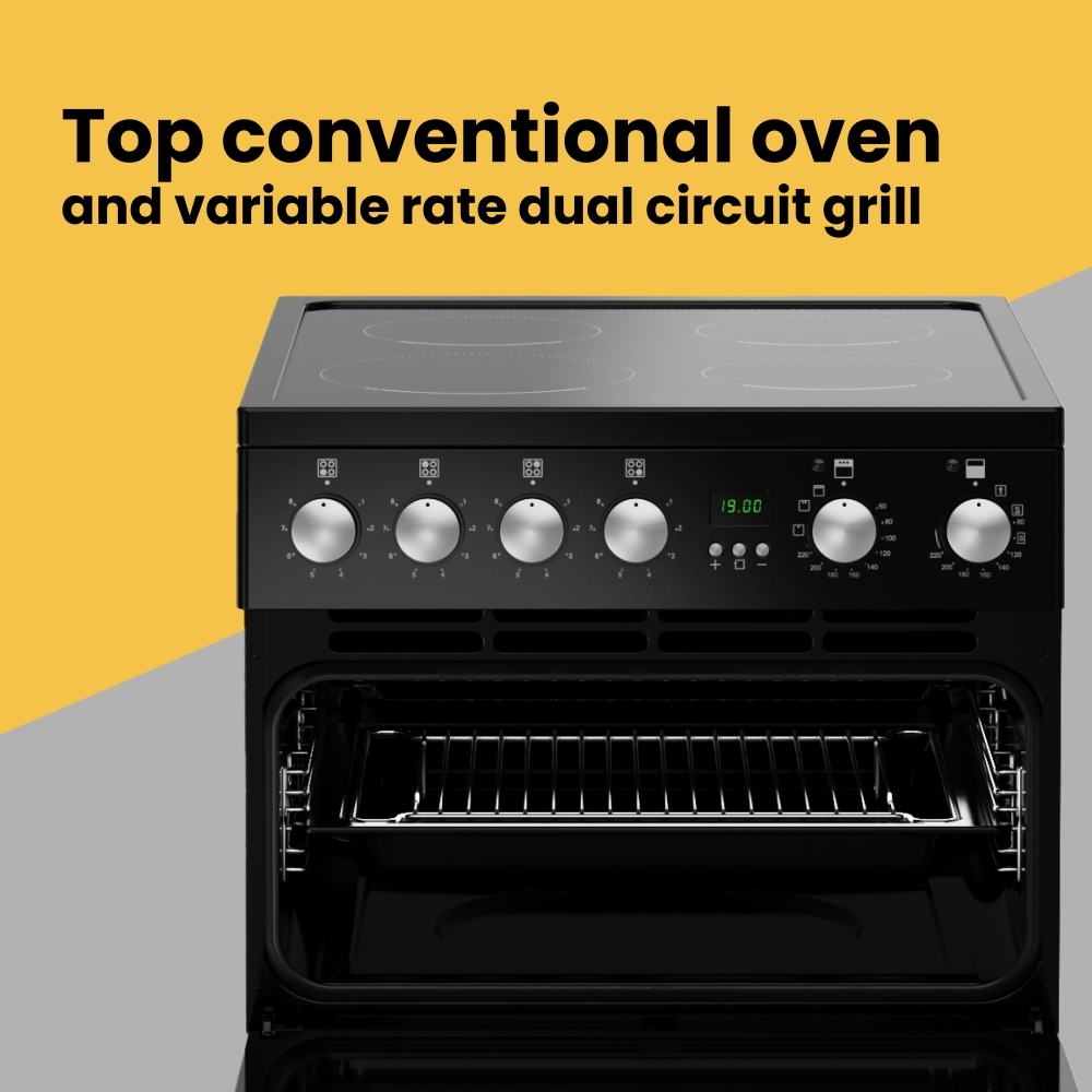 New World FDO 50E BLK Ceramic Electric Cooker with Double Oven, Black, A Rated