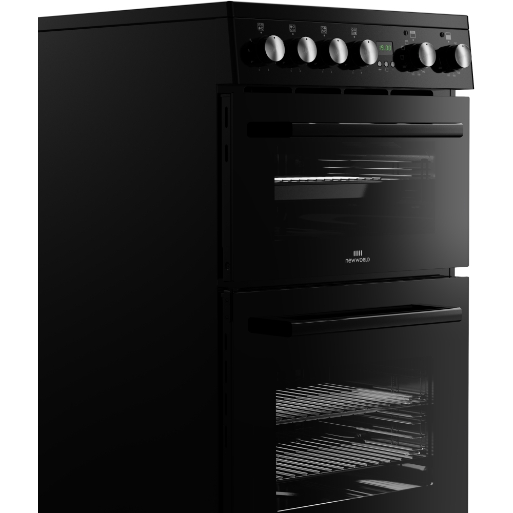 New World FDO 50E BLK Ceramic Electric Cooker with Double Oven, Black, A Rated