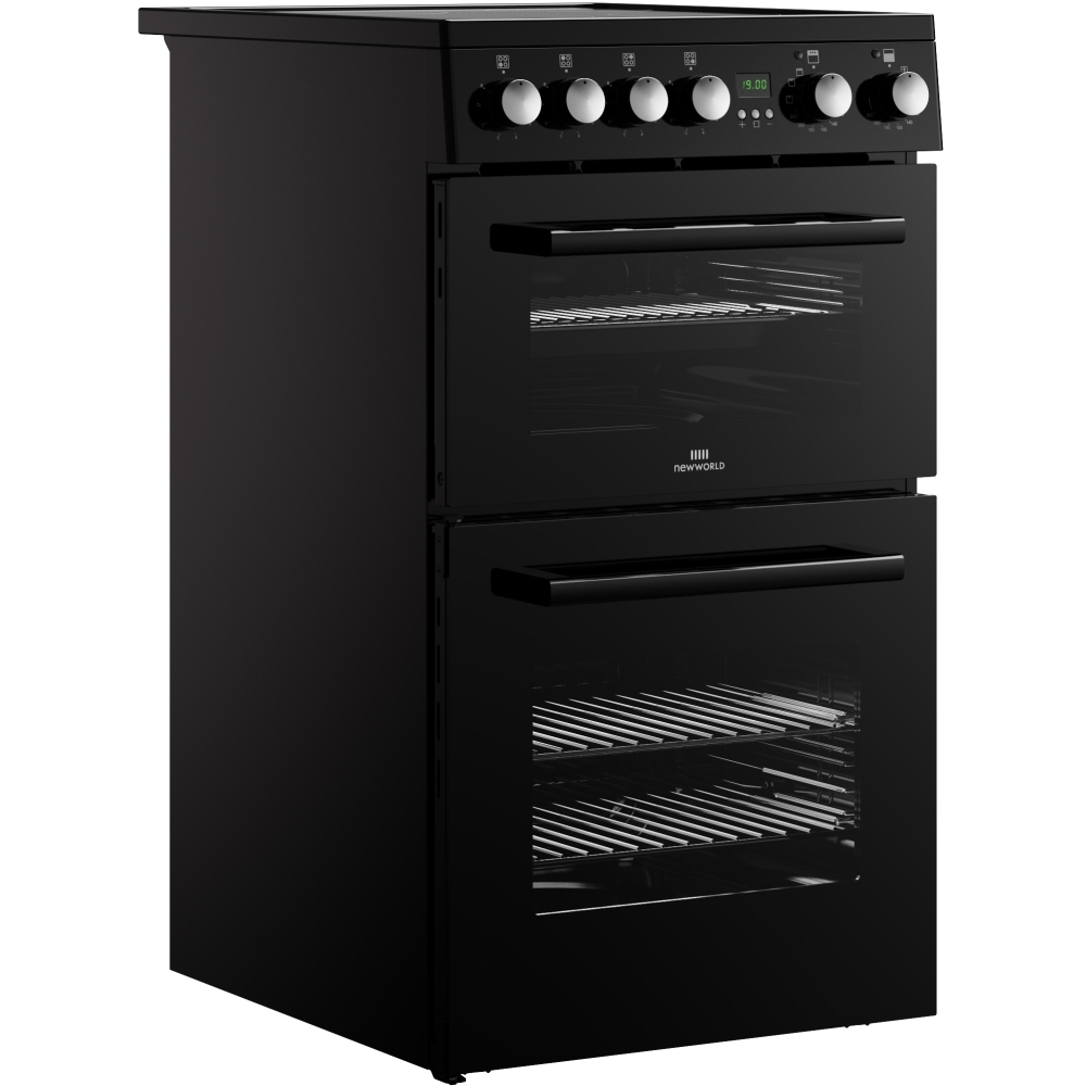 New World FDO 50E BLK Ceramic Electric Cooker with Double Oven, Black, A Rated