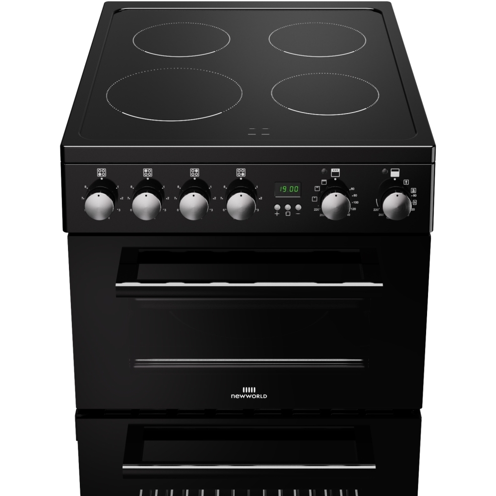 New World FDO 50E BLK Ceramic Electric Cooker with Double Oven, Black, A Rated