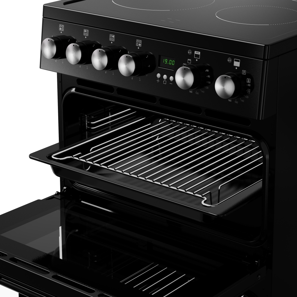 New World FDO 50E BLK Ceramic Electric Cooker with Double Oven, Black, A Rated