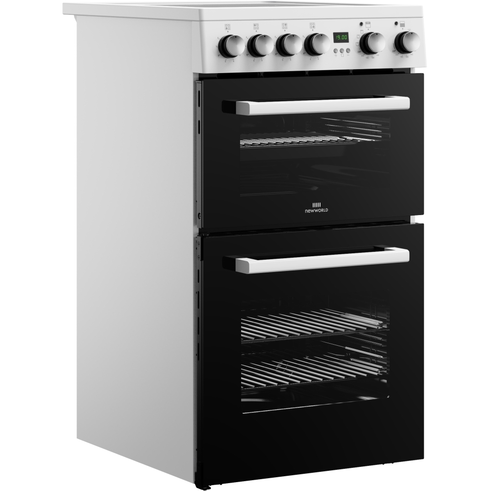 New World FDO 50E WHI Ceramic Electric Cooker with Double Oven, White, A Rated