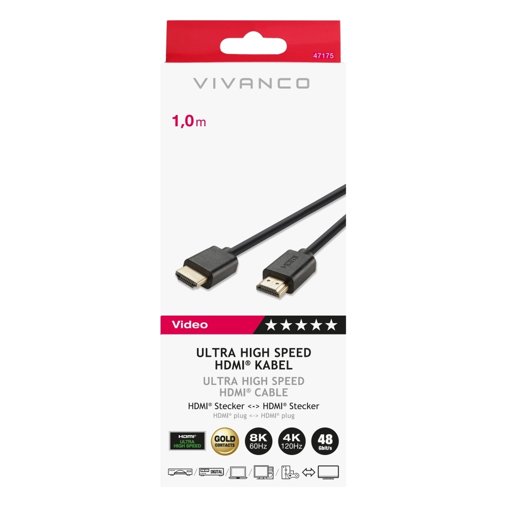 Vivanco 47175 Ultra High Speed HDMI Cable, 1m (8K), Black