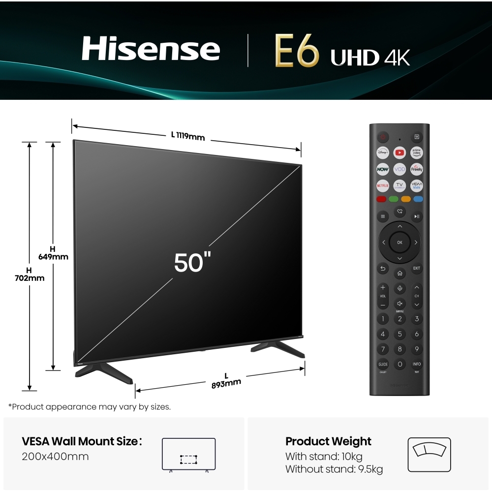 Hisense 50E6QTUK 50" LED Smart Television, 4K Ultra HD, Black, E Rated
