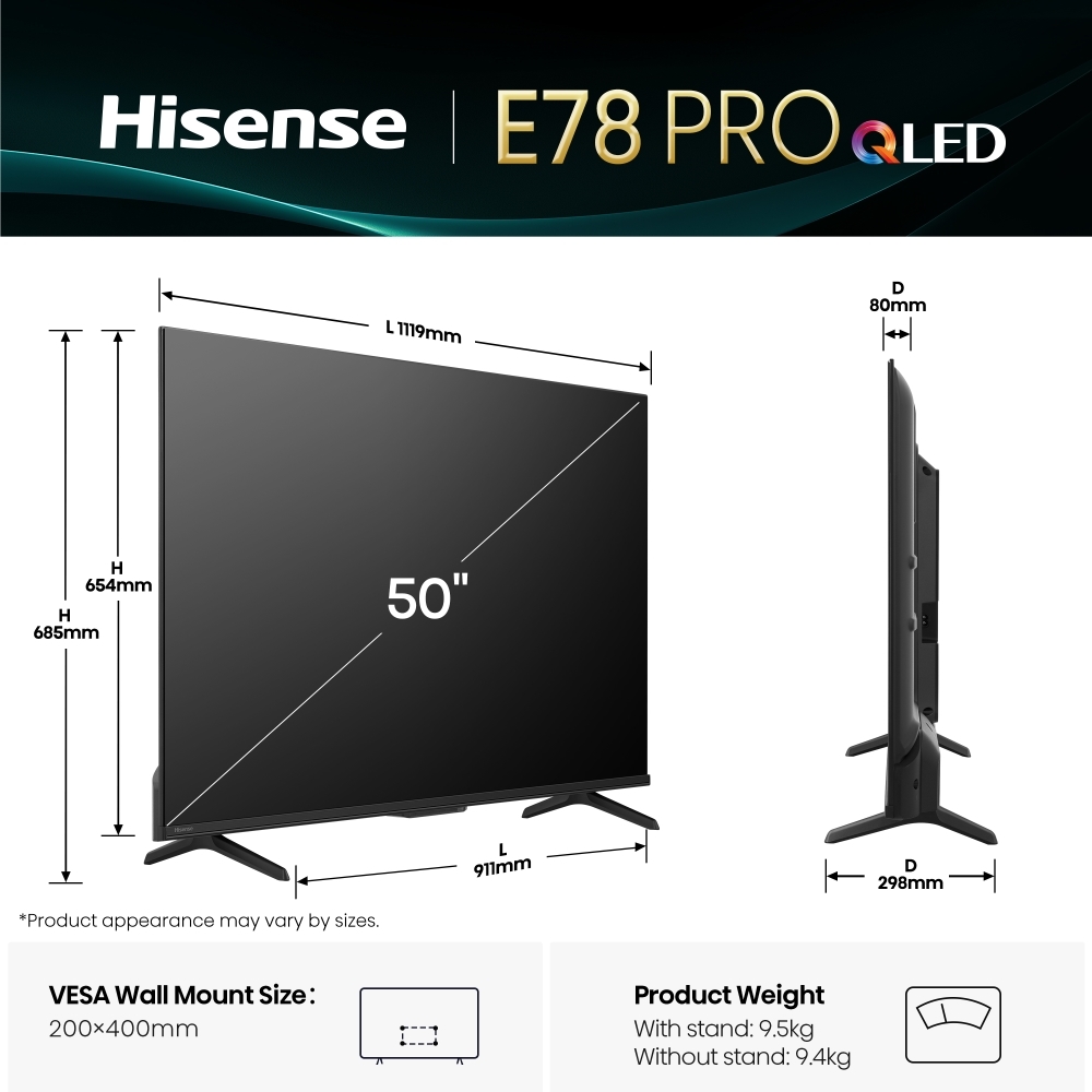Hisense 50E78QTUK PRO 50" QLED Smart Television, 4K Ultra HD, Black, E Rated