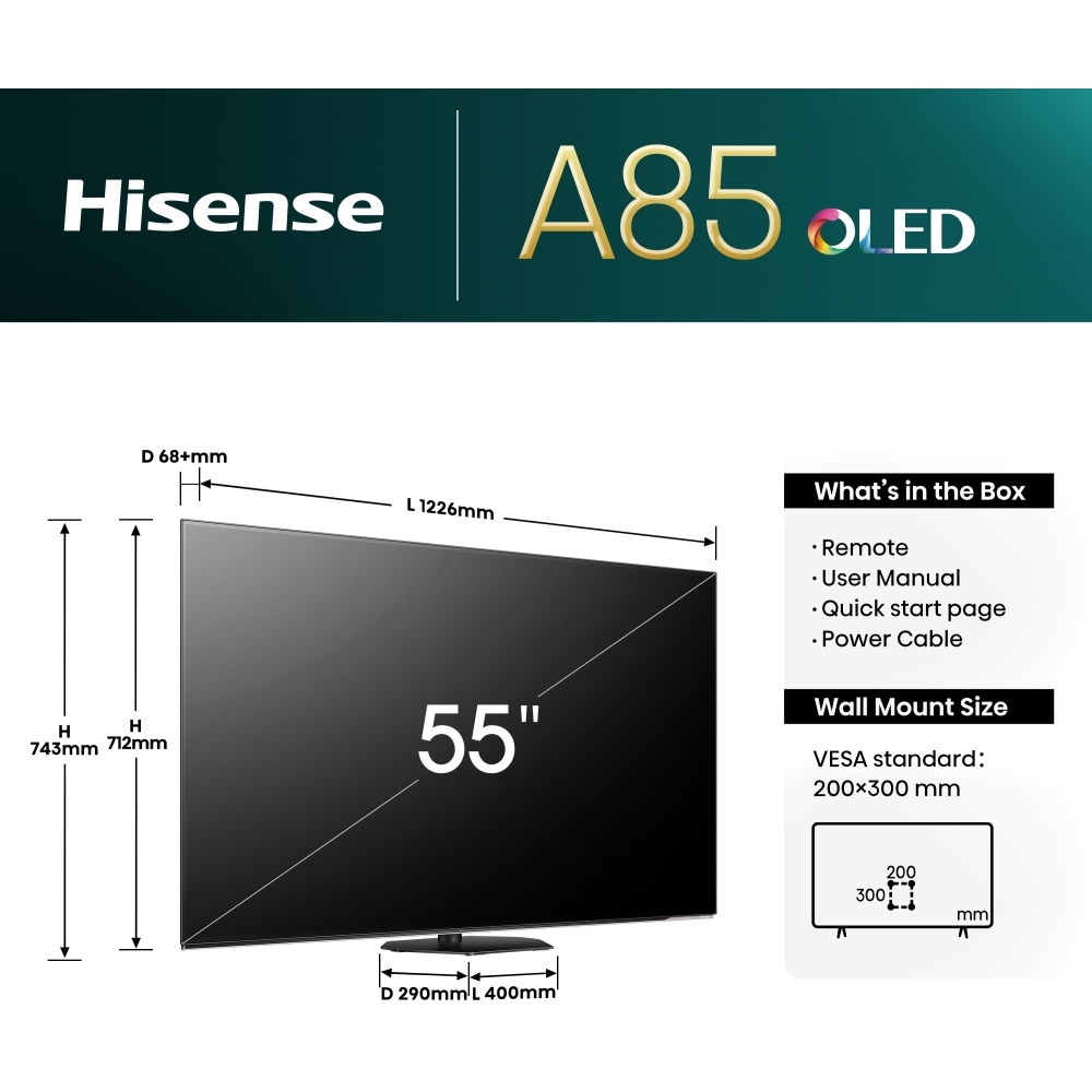 Hisense 55A85NTUK 55" OLED Smart Television, 4K Ultra HD, Black, G Rated