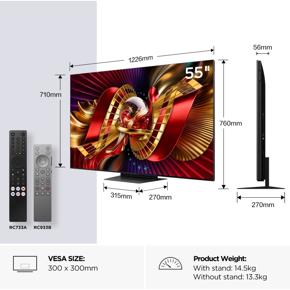 TCL 55C8L-UK 55" SQD-Mini LED Smart Television, 4K Ultra HD, Black, E Rated