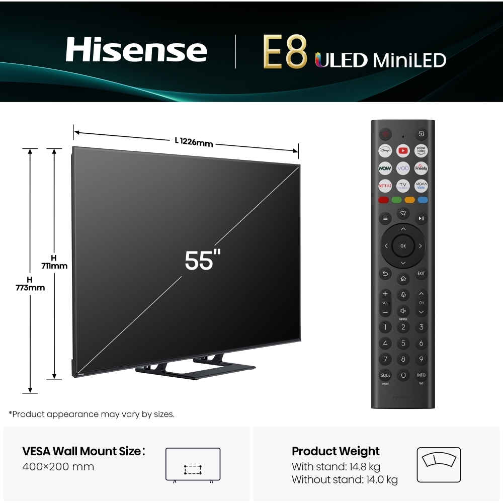 Hisense 55E8QTUK 55" ULED Mini LED Smart Television, 4K Ultra HD, Grey, E Rated