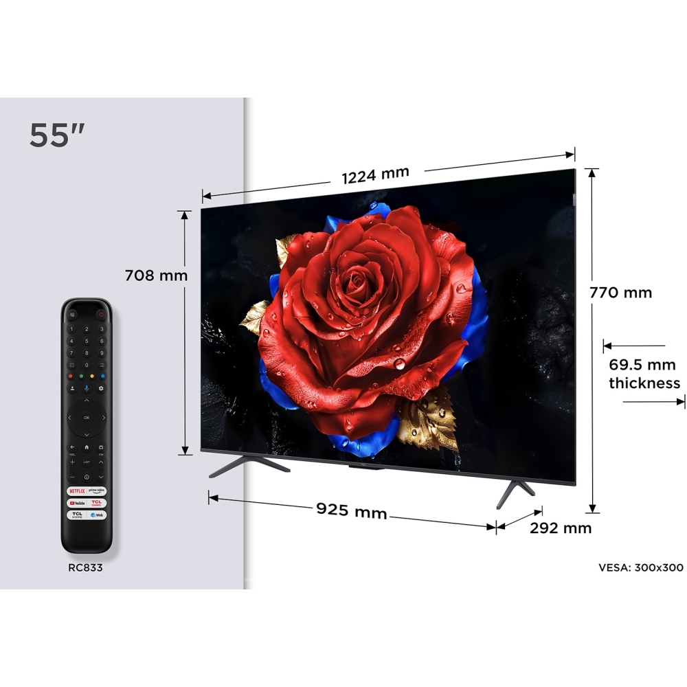 TCL 55T8C-UK 55" QLED Smart Television, 4K Ultra HD, Black, F Rated