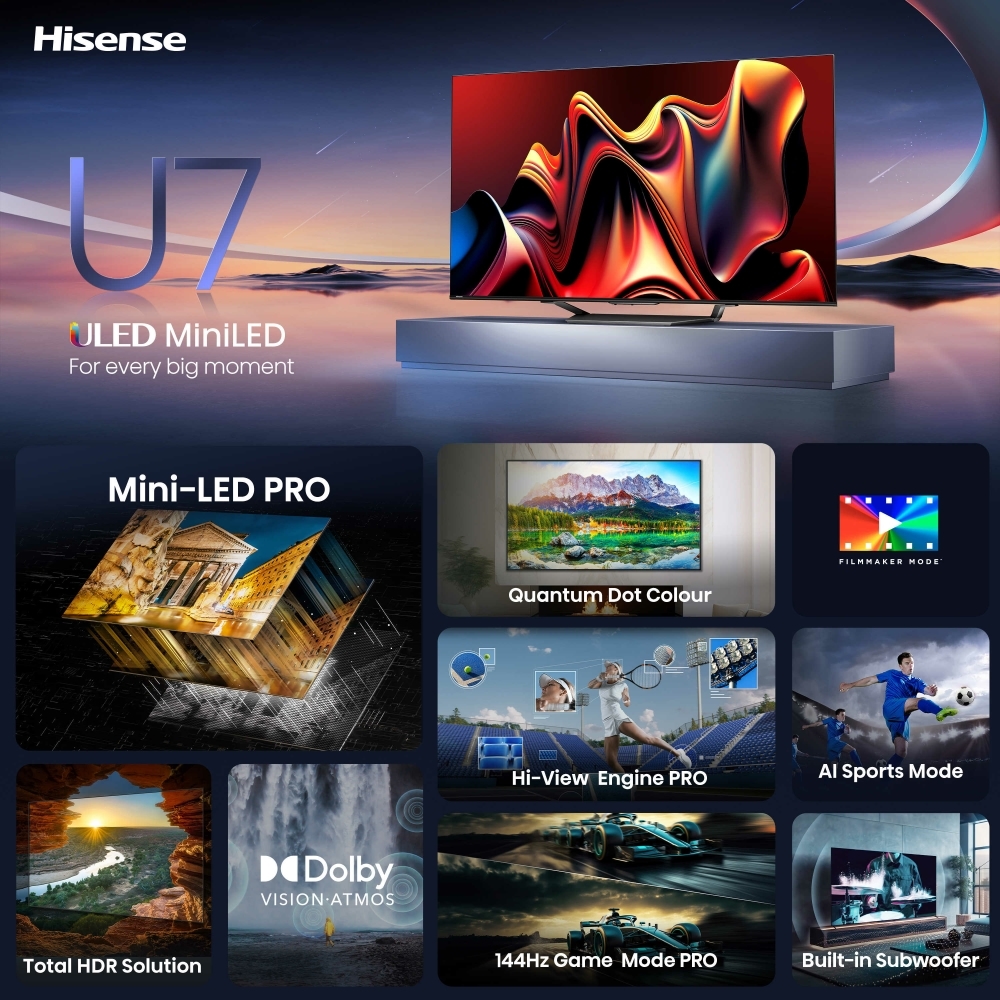 Hisense 55U7NQTUK 55" 4K Mini LED Smart TV, 4K Ultra HD, Black, E Rated
