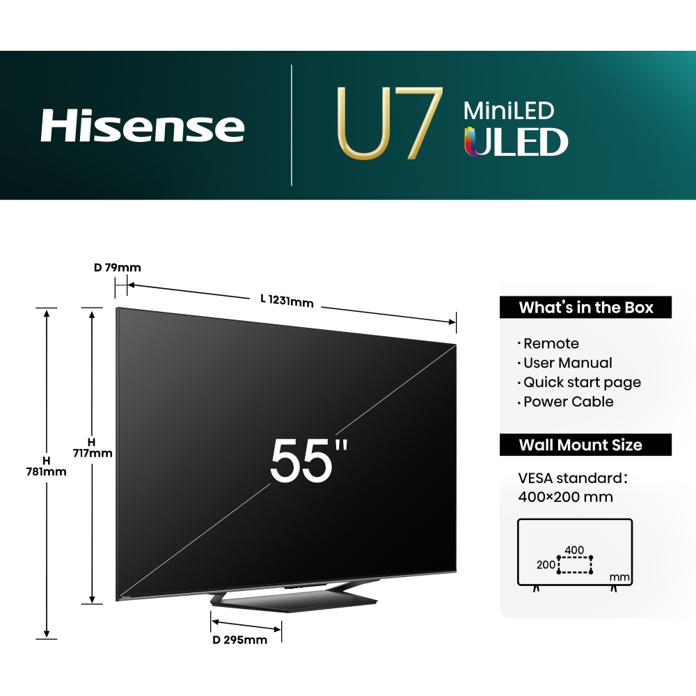 Hisense 55U7NQTUK 55" 4K Mini LED Smart TV, 4K Ultra HD, Black, E Rated
