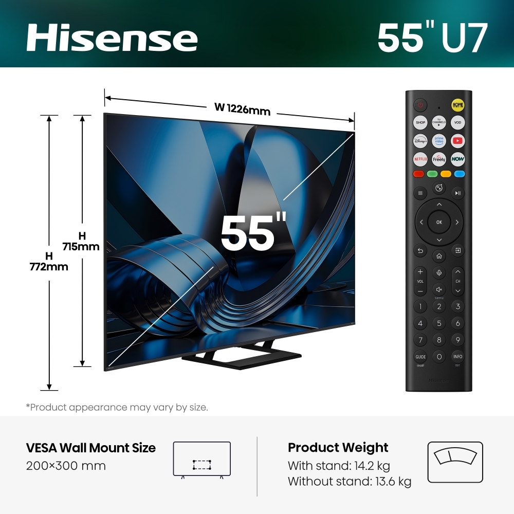 Hisense 55U7STUK 55" ULED Mini LED Smart Television, 4K Ultra HD, Grey, E Rated
