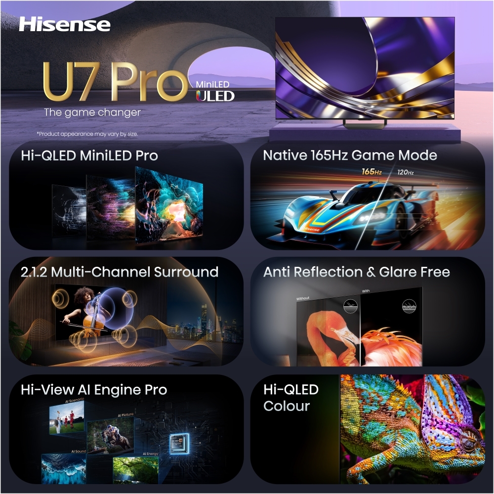 Hisense 55U7STUK PRO 55" ULED Mini LED Smart Television, 4K Ultra HD, Grey, E Rated