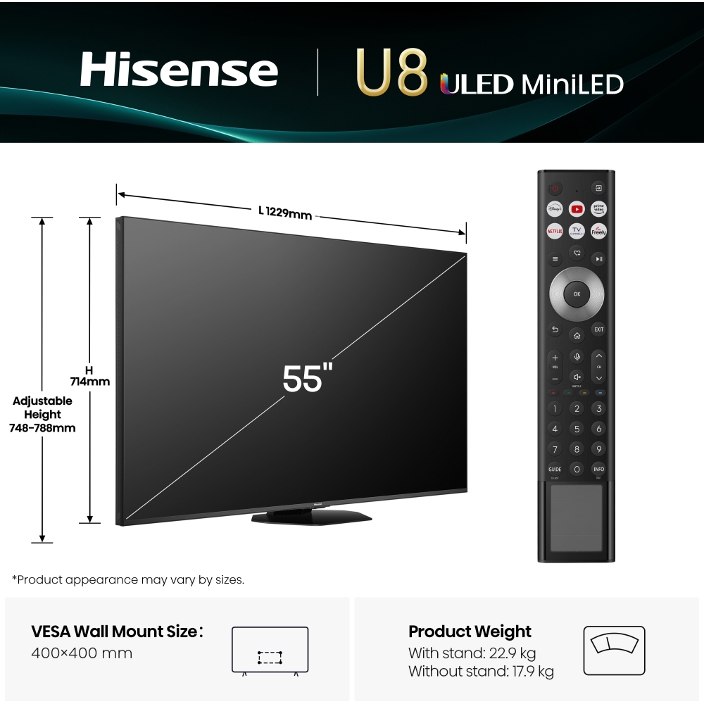 Hisense 55U8QTUK 55" ULED Mini LED Smart Television, 4K Ultra HD, Black, E Rated