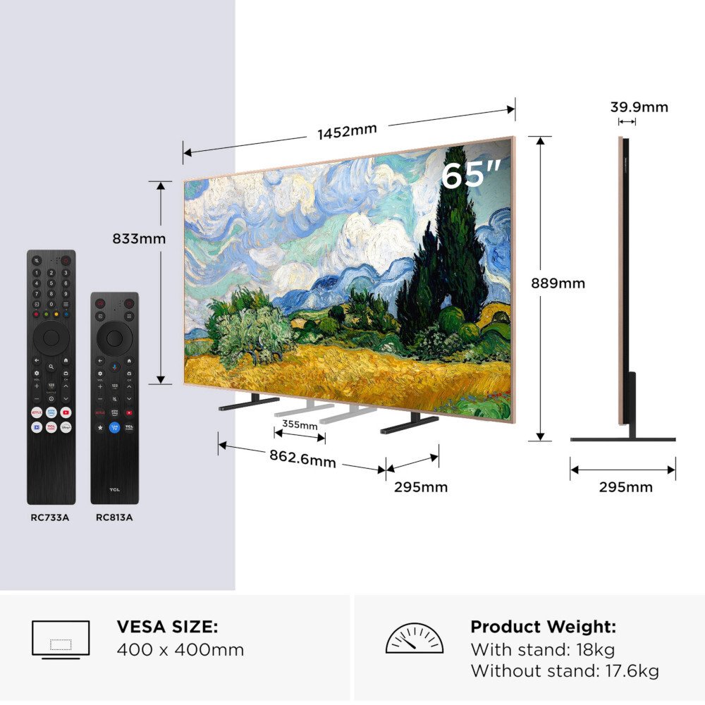 TCL 65A400 PRO-UK 65" QD-Mini LED Smart Television, 4K Ultra HD, Black, D Rated