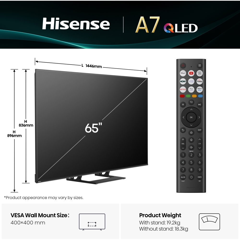 Hisense 65A7QTUK 65" QLED Smart Television, 4K Ultra HD, Black, E Rated