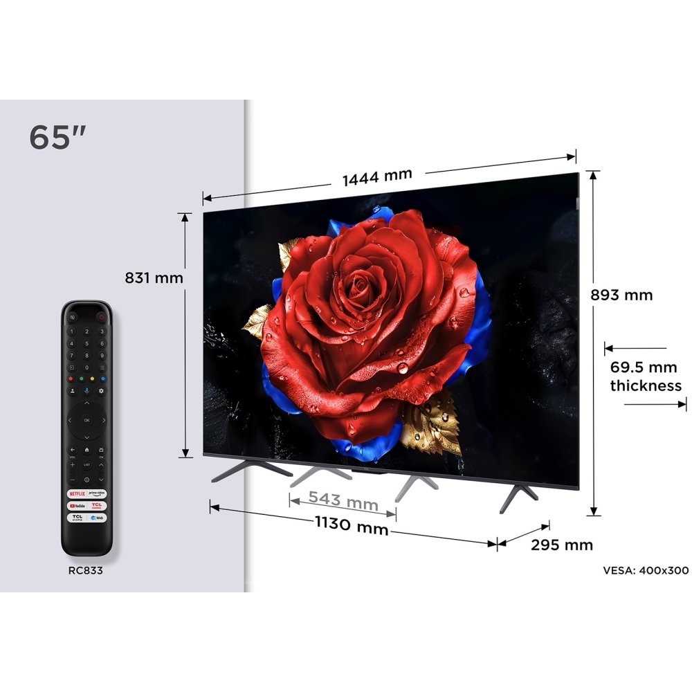 TCL 65T8C-UK 65" QLED Smart Television, 4K Ultra HD, Black, F Rated