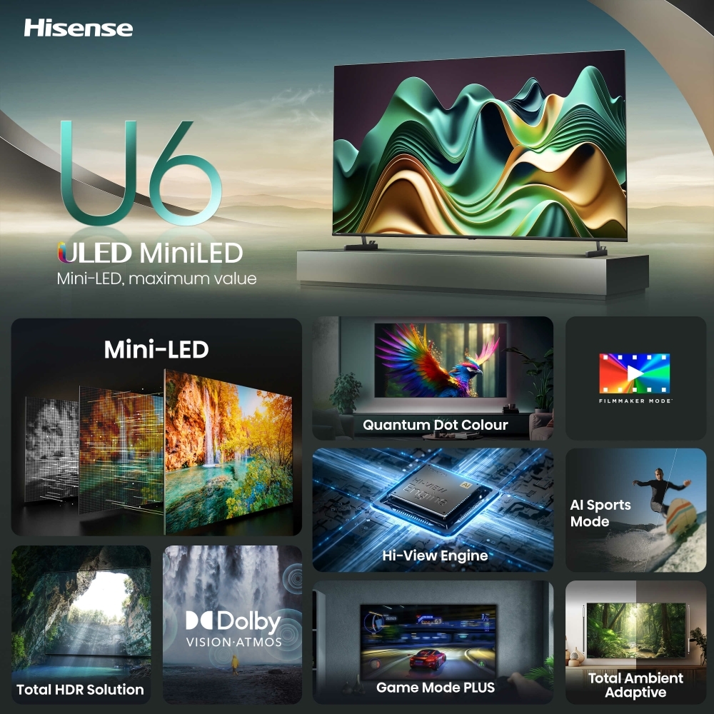 Hisense 65U6NQTUK 65" ULED Mini LED 4K Mini LED Smart TV, 4K Ultra HD, Grey, E Rated