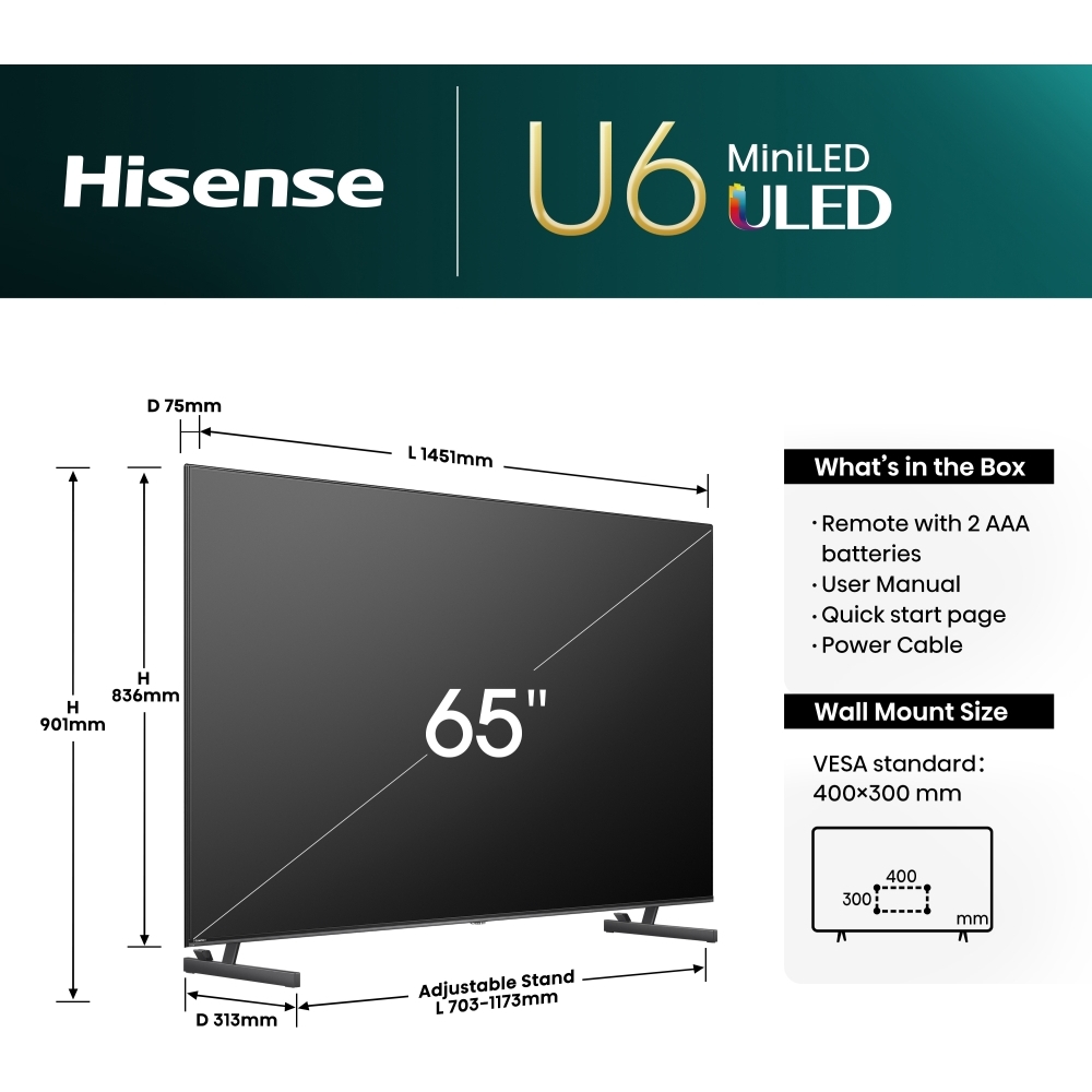 Hisense 65U6NQTUK 65" ULED Mini LED 4K Mini LED Smart TV, 4K Ultra HD, Grey, E Rated