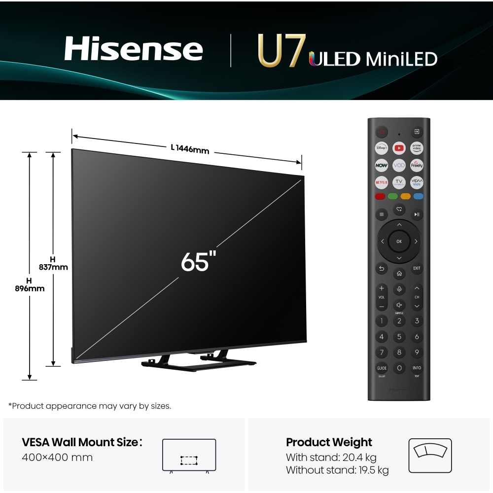 Hisense 65U7QTUK 65" ULED Mini LED Smart Television, 4K Ultra HD, Black, E Rated