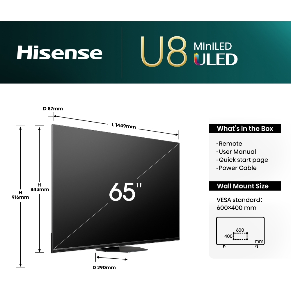 Hisense 65U8NQTUK 65" ULED Mini LED Smart Television, 4K Ultra HD, Grey, E Rated