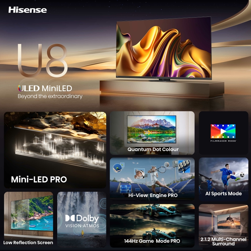 Hisense 65U8NQTUK 65" ULED Mini LED Smart Television, 4K Ultra HD, Grey, E Rated