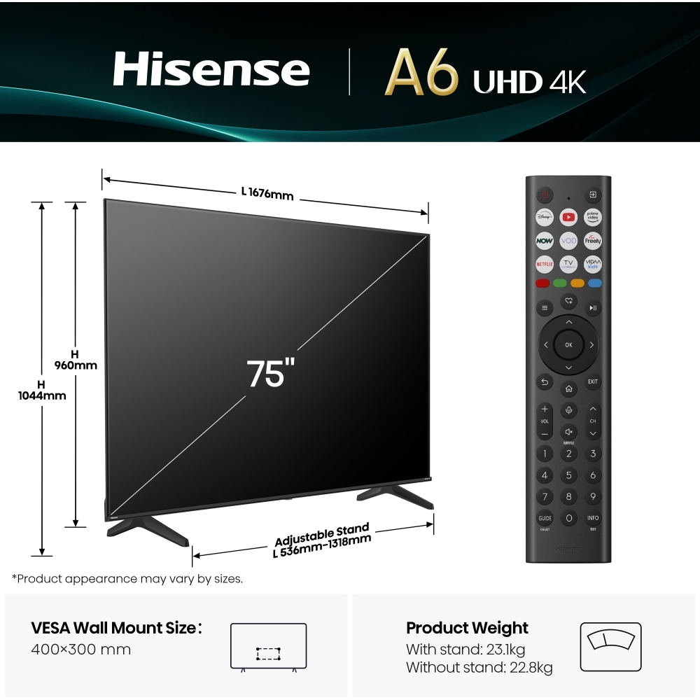 Hisense 75A6QTUK 75" LED Smart Television, 4K Ultra HD, Black, E Rated