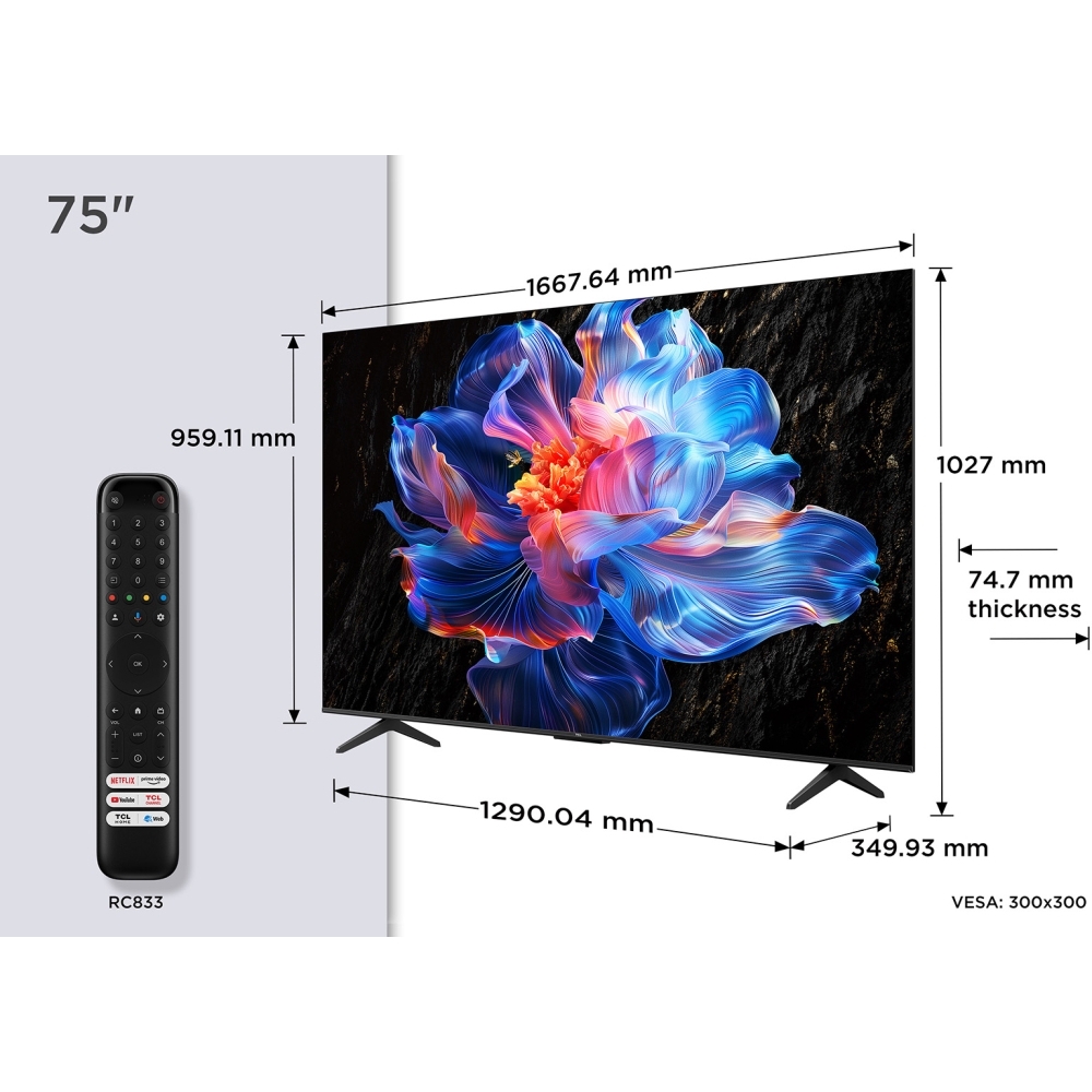 TCL 75V6C-UK 75" DLED Smart Television, 4K Ultra HD, Black, E Rated