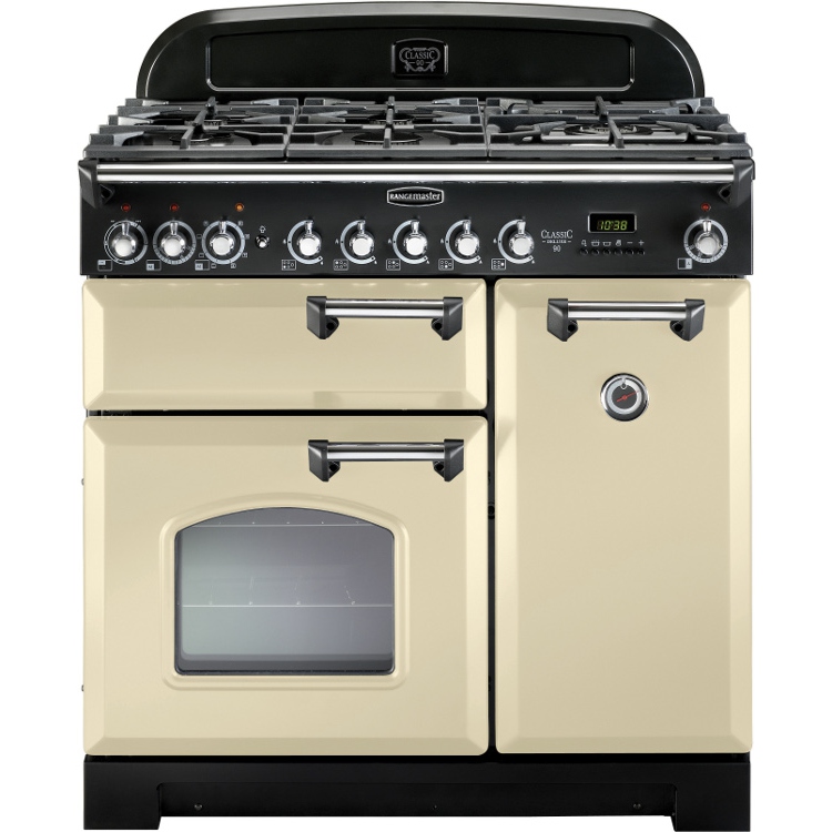 Rangemaster Classic Deluxe CDL90DFFCR/C 90cm Dual Fuel Range Cooker Cream / Chrome, A Rated