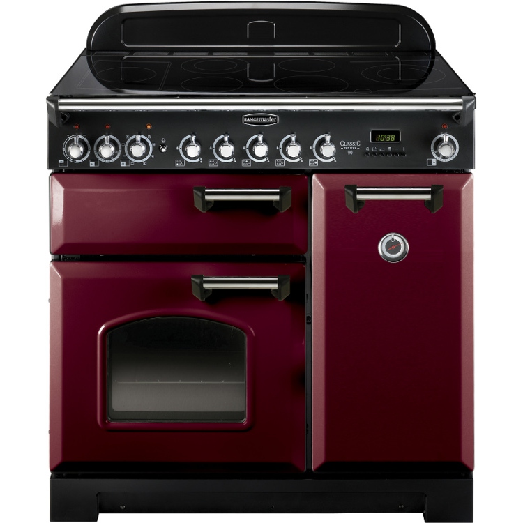 Rangemaster CDL90ECCY/C 90cm Ceramic Range Cooker Classic Deluxe Cranberry / Chrome, Cranberry with Chrome Trim, A Rated