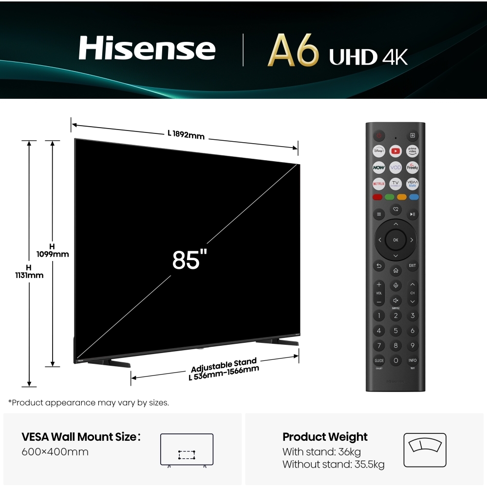 Hisense 85A6QTUK 85" LED Smart Television, 4K Ultra HD, Black, E Rated